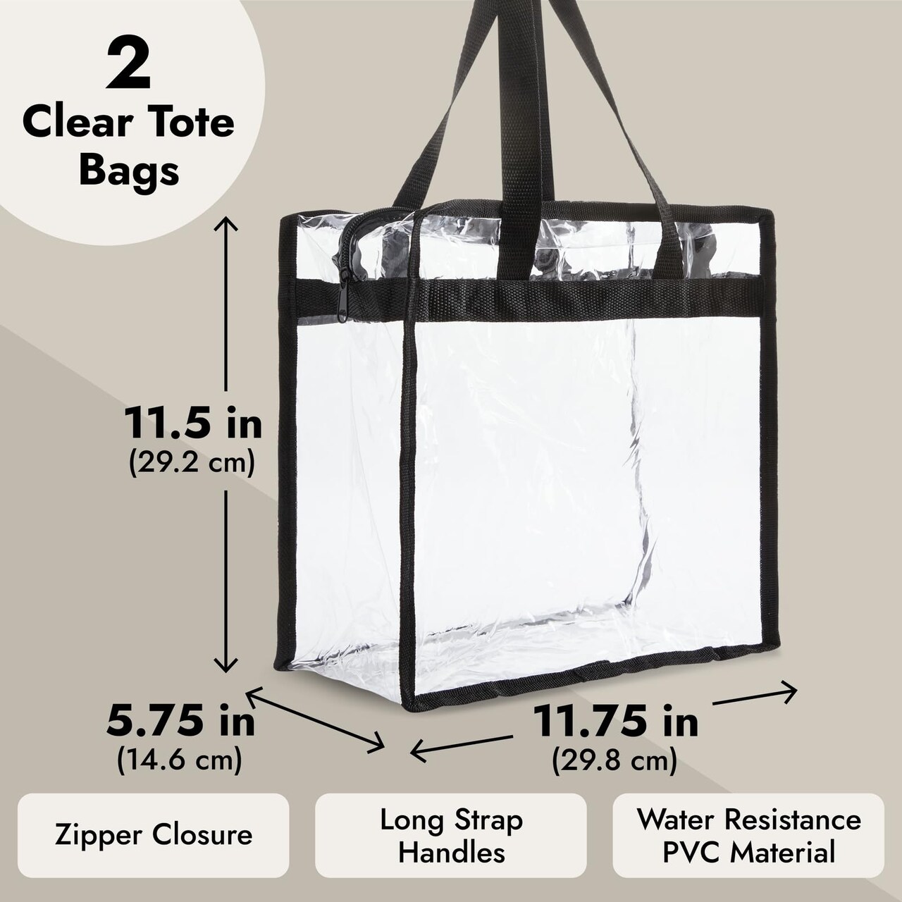 2 Pack Clear Stadium Approved Bags - 12x6x12 Large Transparent Tote Bags with Zippers and Handles for Concerts, Sporting Events, Music Festivals, Work, School, Gym
